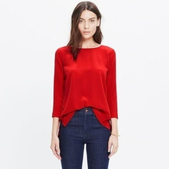 Madewell Retrospect Women's Medium Enamel Red Silk Scoop Neck 3/4 Sleeve Blouse - Picture 1 of 9